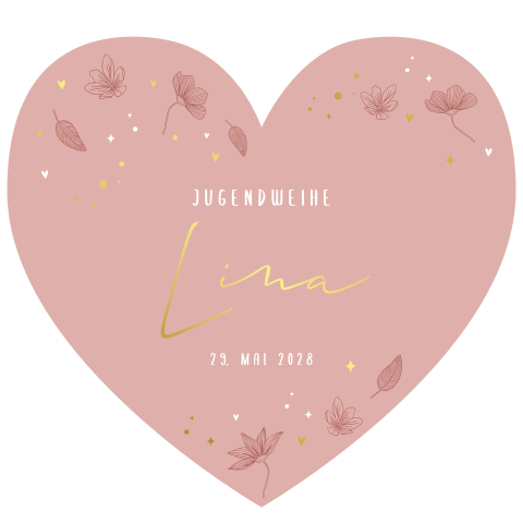 Originelle Einladung zur Jugendweihe in Herzform mit Goldfolie