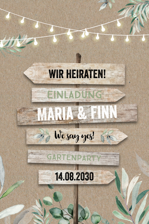 Hochzeitseinladung im Kraftlook mit Wegweiser und Lichterketten