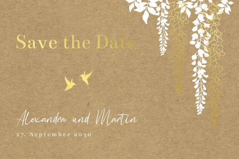 Kraft-Look Save-the-date Karte mit Goldfolie, Zweigen und Vögeln
