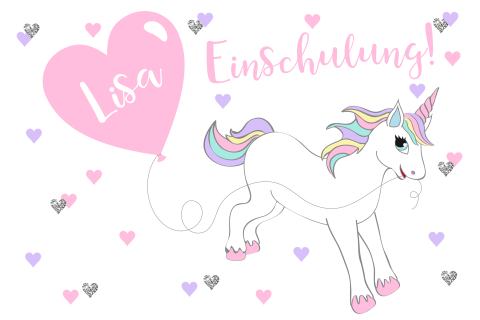 Einschulungskarte mit Einhorn und Herzballon