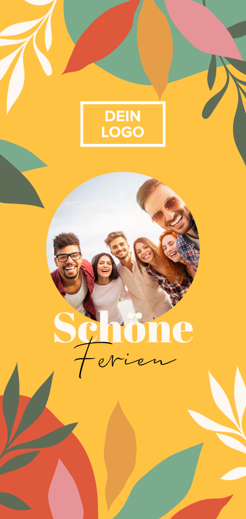 Bunte Einladung zur Sommerparty für Firmen mit Foto und Blättern