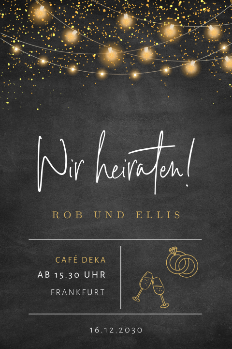 Hochzeitseinladung Schwarz mit Lichterketten auf schwarzem Hintergrund