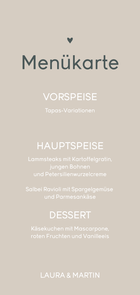 Moderne Menükarte mit beigem Hintergrund und dunkelgrüner Schrift