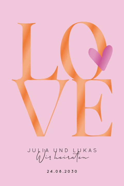 Hochzeitseinladung in Rosa mit runden Ecken, orangefarbenem LOVE