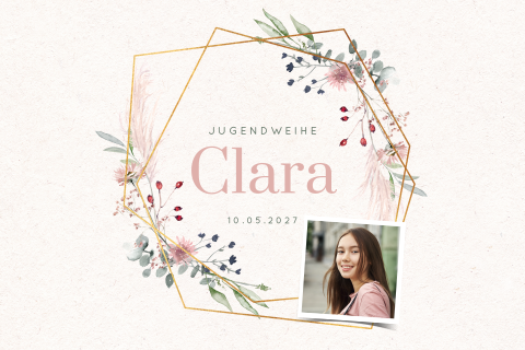 Schöne Einladung Jugendweihe mit Foto, Blumen und geometrische Form