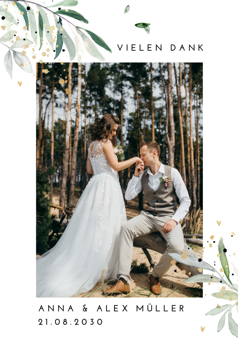 Dankeskarte mit Blättern, Herzen und Foto