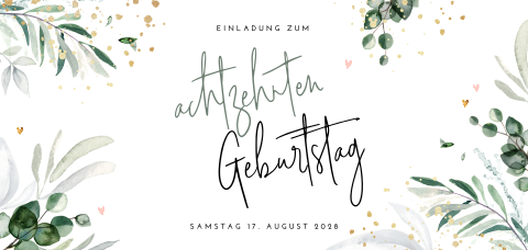 Einladung zum 18 Geburtstag mit Zweigen und Goldtupfern
