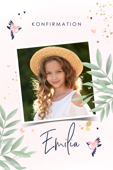 Fröhliche Einladungskarte zur Konfirmation in rosa mit Foto und Vögeln