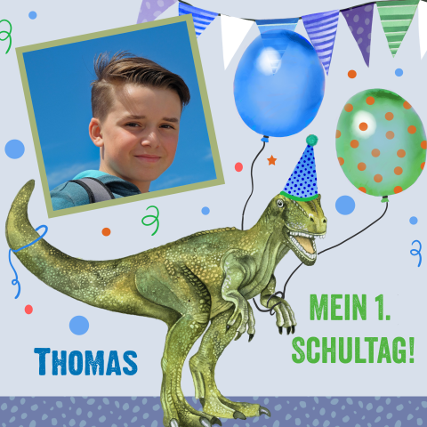 Coole Einschulungskarte mit Foto und Dinosaurier T-Rex