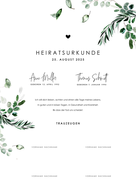 Heiratsurkunde mit Eukalyptuszweigen