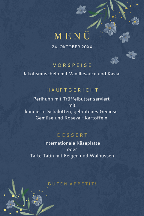 Schicke Menükarte mit Blumen auf dunkelblauem Hintergrund