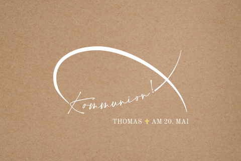 Kommunionskarte mit angedeutetem Fischmotiv und Goldfolie Herz