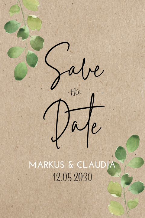 Trendige Save the Date-Karte mit Zweigen im Kraft-Look
