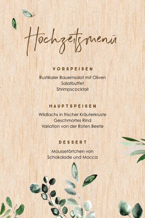 Holz Menükarte mit abgerundeten Ecken und Zweigen