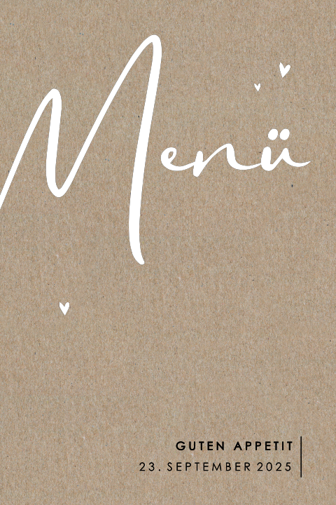 Menükarte auf echtem Kraftpapier mit Herzen in Weiß
