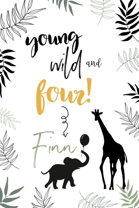 Geburtstagseinladung Kind im Hochformat mit Farn, Elefant und Giraffe