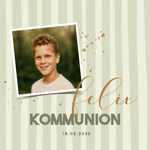 Grüne gestreifte Einladung zur Kommunion mit Foto