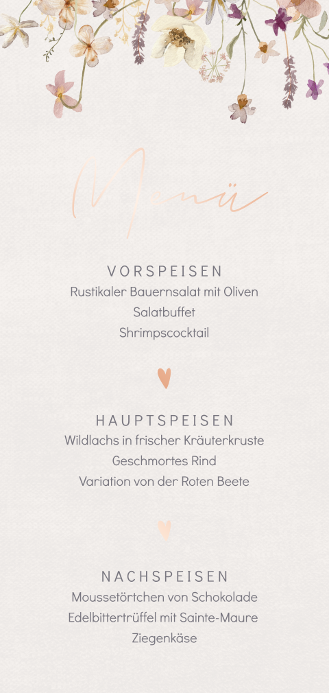 Romantische Menükarte mit verspielten Blumen und runden Ecken