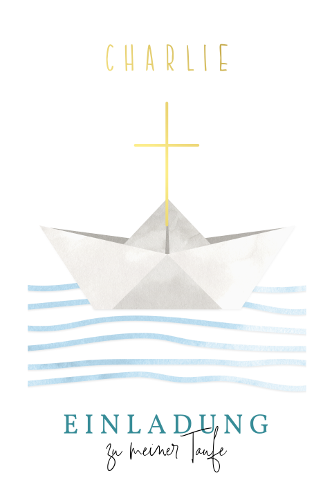 Einladung zur Taufe mit Schiffchen und Kreuz