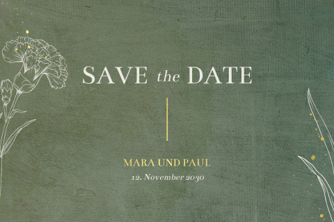 Dunkelgrüne Vintage Save the date Karte mit Goldfolie