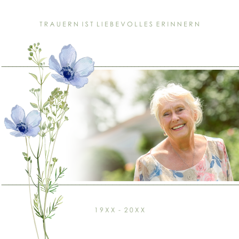 Dankeskarte Trauer in Blau mit Blumen und Foto