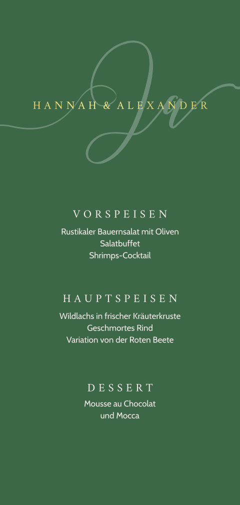 Menükarte in Grün mit goldener und kunstvoller Schrift