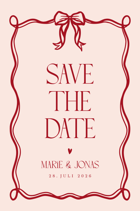   Weihnachtliche Save the Date Karte mit romantischem Rahmen und Schleife