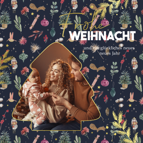 Quadratische dunkle Weihnachtskarte mit Foto in Tannenbaum-Form