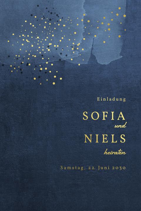 Trendige Hochzeitseinladung mit blauem Hintergrund und Goldfolie