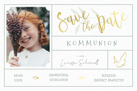 Save my date Kommunion-Einladung in Ticketform mit Goldfolie