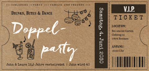 Doppelparty-Gartenparty-Einladung in VIP Ticketform im Kraftlook