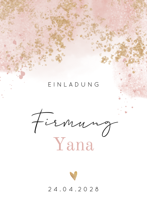 Einladung Firmung mit rosa Aquarellfarbe und Goldspritzer