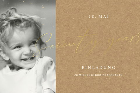 Einladung zum 70. Geburtstag in Kraft-Look mit Foto und Goldfolie