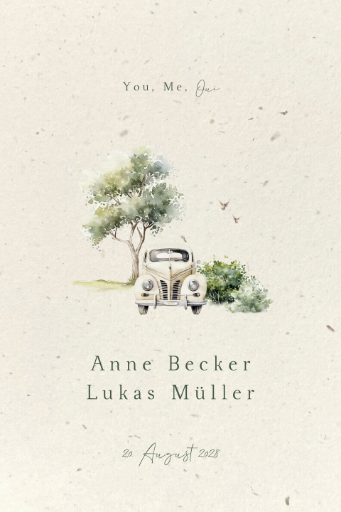Romantische Hochzeitskarte mit klassischem Auto, Baum und Tauben