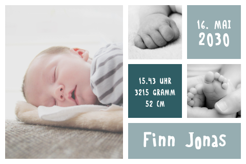 Geburtskarte mit blauen Rechtecken und Fotos  für einen Jungen