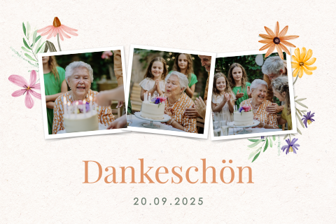Fröhliche Dankeskarte zum 90. Geburtstag mit Blumen und Fotos