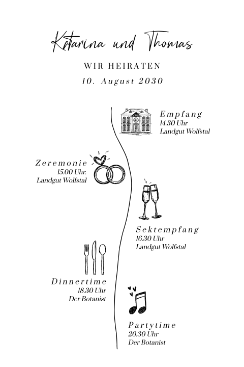 Timeline Hochzeitseinladung mit Ringen und Sektgläsern