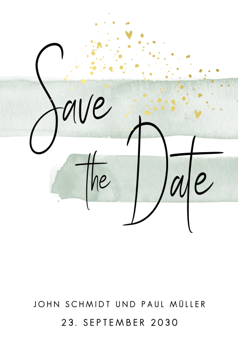 Edle Save-the-date Hochzeitskarte mit Goldklecksen