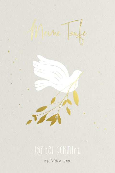 Kleines Täubchen Einladung zur Taufe mit Goldfolie Hochformat