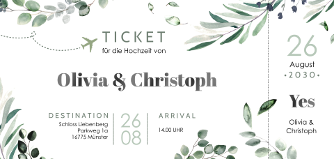 Hochzeitskarte im Ticket-Stil mit Eukalyptusblättern