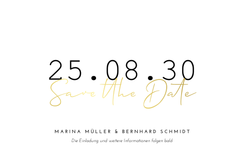 Schlichte save the date Karte mit Datum und Goldfolie