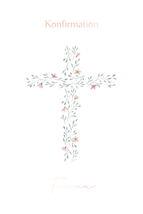 Süße Konfirmationskarte mit Kreuz aus gemalten Blättern und Blumen