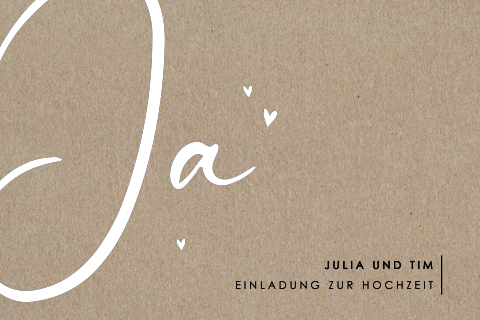 Hochzeitskarte auf echtem Kraftpapier mit "Ja" und Herzen in Weiß