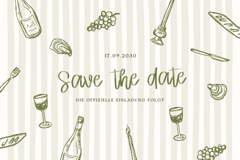 Save the Date Karte in Grün mit Streifen und gezeichneten Illustrationen