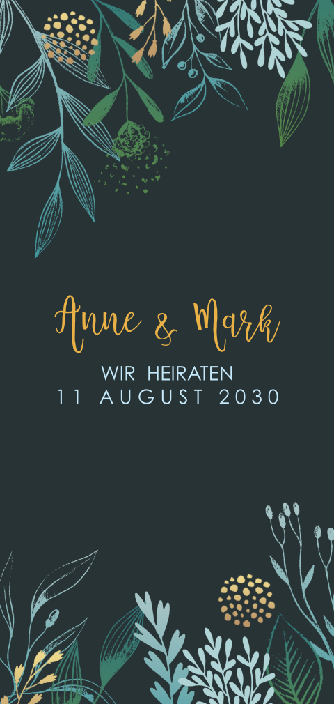 Stilvolle Hochzeitseinladung mit Zweigen auf dunklem Hintergrund