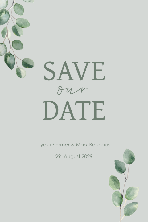 Save the date Karte mit Eukalyptuszweigen und grünem Hintergrund