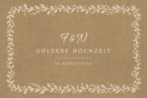 Einladung zur goldenen Hochzeit in Kraft-Look mit dekorativem Rahmen und Goldfolie