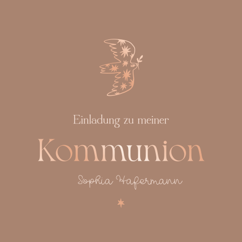 Altrosa Einladung zur Kommunion mit Roségoldfolie und Taube