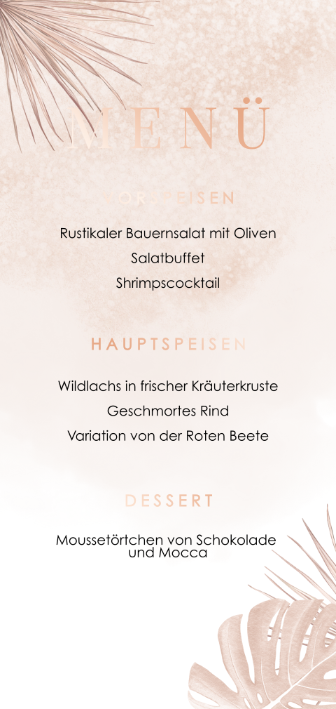 Wunderschöne Roségoldfolie Menükarte mit Zweigen