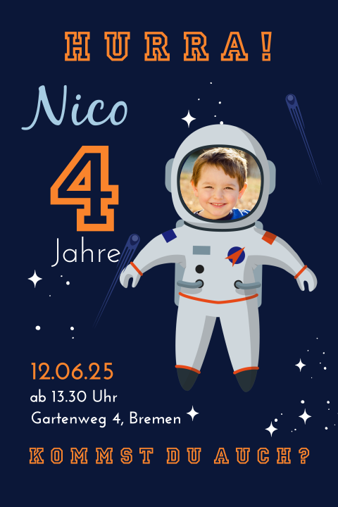 Einladung zum Kindergeburtstag mit Rakete in Orange